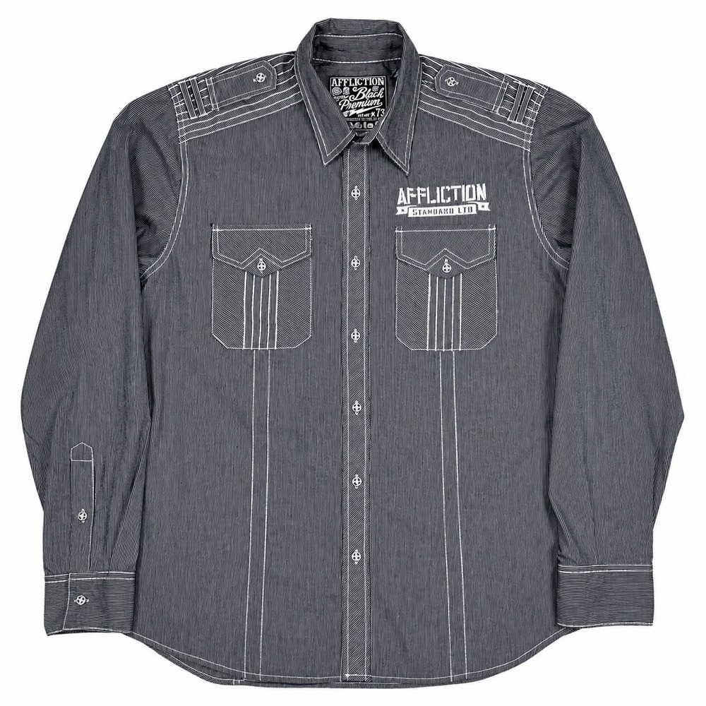Affliction Black Premium Men's L Gray Pinstripe Embroidered Button Up Y2K Biker